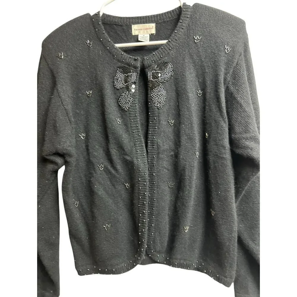 Potomac Collection Embellished Sweater Cardigan Black Bow Shoulder Pads Vintage